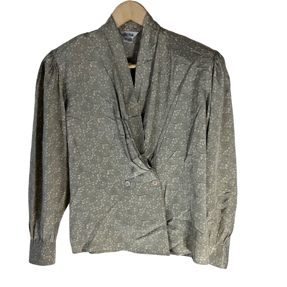Paul‎ Stanley Vintage 100% Silk Floral Wrap Blouse Sage Green Grey Size 2